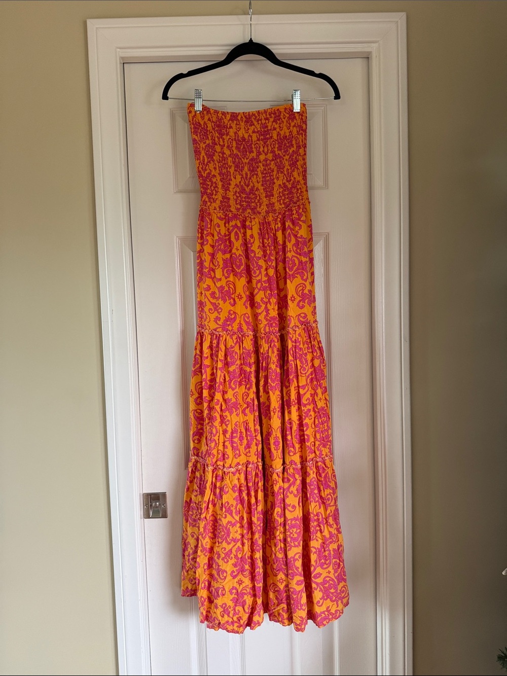 Strapless Boho Maxi Dress in Vibrant Orange & Pink